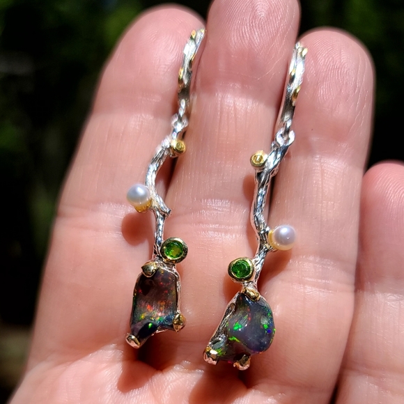 RAW black Opal chrome Diopside pearl & citrine sterling vine earrings - Picture 4 of 13